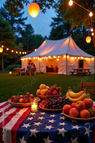Patriotic picnic with fruit on american flag tablecloth