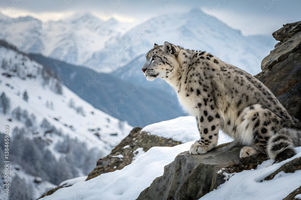 Poised on a snowy outcrop, this snow leopard watches intently over a frosted valley. Its piercing eyes and muscular build radiate power and mystery Poised on a snowy outcrop, this snow leopard watches intently over a frosted valley. Its piercing eyes and muscular build radiate power and mystery