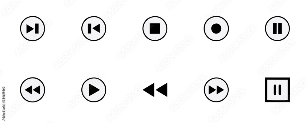 Naklejka premium Audio button thin line icon set. Containing music, sound, speaker volume, play, video, pause, equalizer, loudspeaker, mute, microphone, headset. Vector illustration