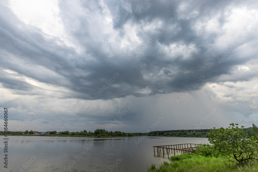 A stormy sky with a lake in the background A stormy sky with a lake in the background
