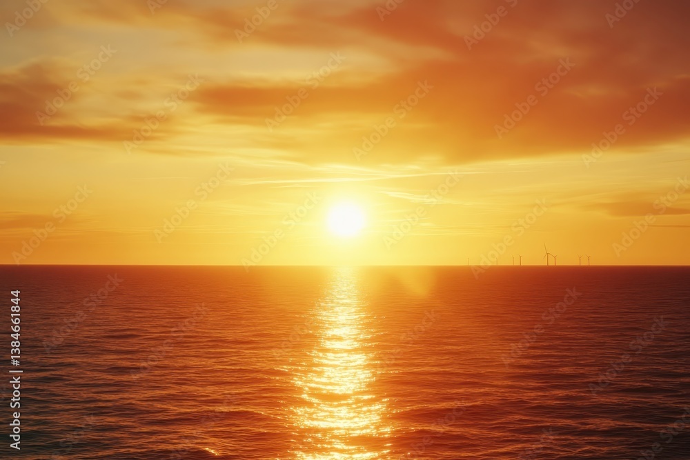 Naklejka premium Sunset casts golden hues over calm ocean waters with wind turbines in the distance, The sun setting on the ocean horizon behind the silhouette of an industrial-sized offshore wind farm
