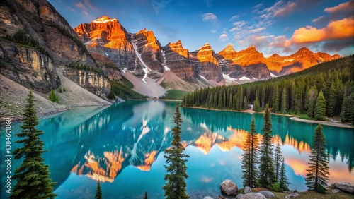 Banff Sunrise: Moraine Lake's Vibrant Dawn Colors in Rocky Mountains, Canada
