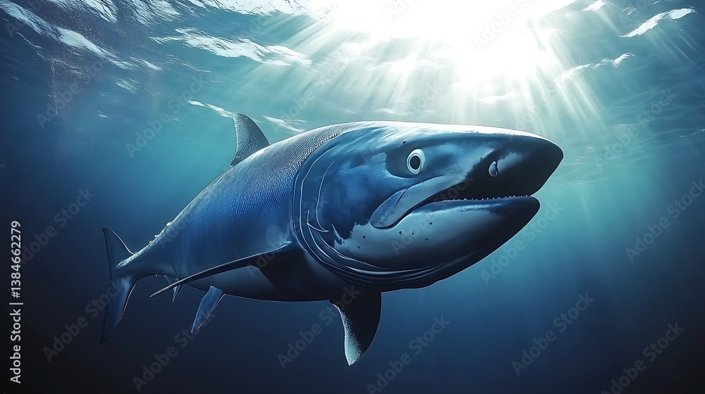 Fototapeta premium Majestic Shark Underwater Sunbeams.