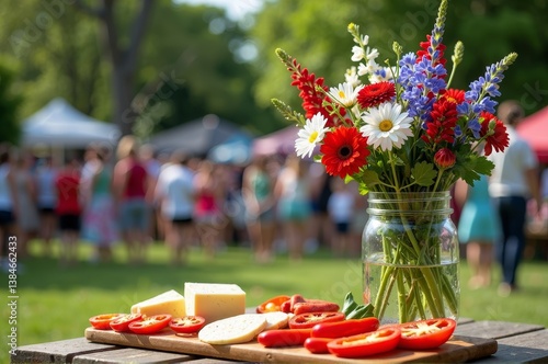 Patriot day picnic with flowers and cheese