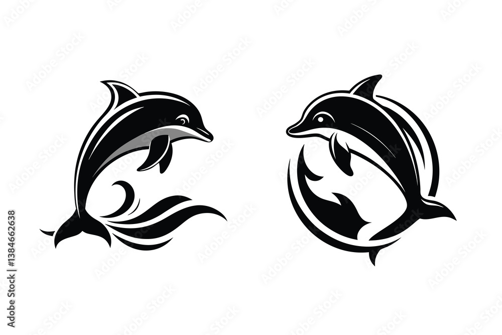 Fototapeta premium silhouette dolphin stylized waves black and white.eps