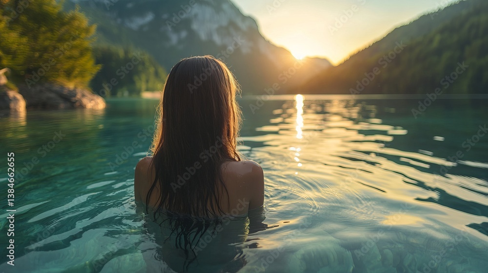 A woman standing in a lake with mountains and sunset in the distance enjoying the peaceful scenery view A woman standing in a lake with mountains and sunset in the distance enjoying the peaceful scenery view