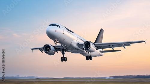 White Airplane Taking Off at Sunset