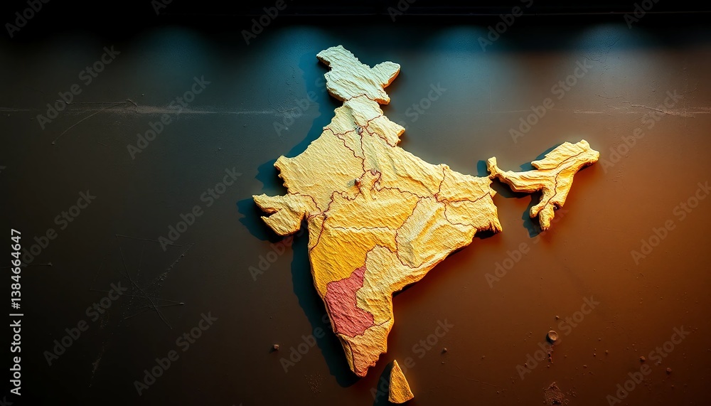 Fototapeta premium A detailed close-up shot of a topographic map highlighting India and surrounding regions. The texture and colors emphasize the varying elevations and geographical features of the country.