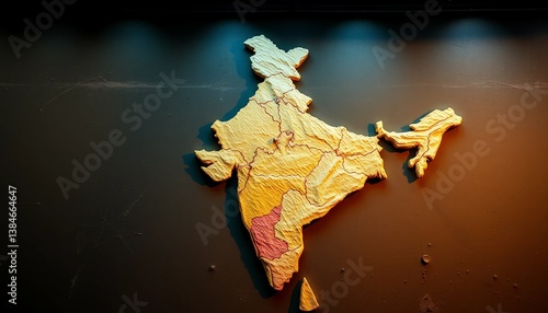 A detailed close-up shot of a topographic map highlighting India and surrounding regions. The texture and colors emphasize the varying elevations and geographical features of the country.