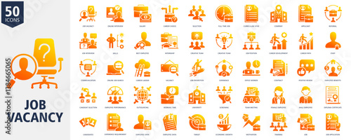 Job Vacancy Icon Set glyph gradient Style with job vacancy, online interview, salary, career choice, selection, full time job, curriculum vitae, company, applicant and referral
