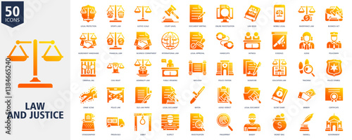 Law and Justice Icon Set glyph gradient  Style with legal protection, sports law, justice scale, court gavel, document writing, online investigation, law book, inheritance law
