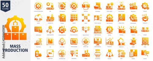Mass Production Icon Set glyph gradient Style with Continuous Improvement, RPA, Time Allocation, Supply Chain, Replication, Raw Material, Product Weight, Mass Production, Manufacture and Efficiency
