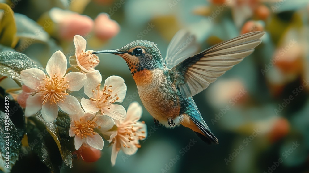 Fototapeta premium Hummingbird Feeding on Blossom. Generative AI