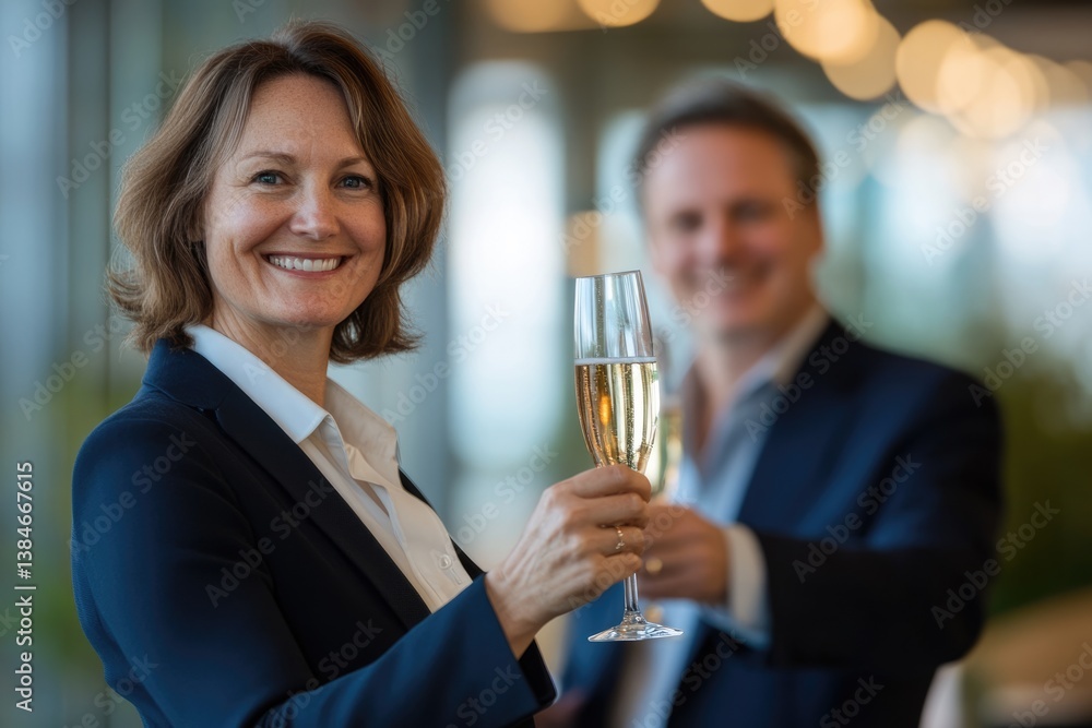 A businesswoman smiles while toasting with champagne, a colleague in the background out of focus. A businesswoman smiles while toasting with champagne, a colleague in the background out of focus.