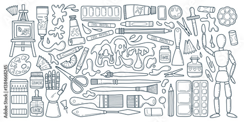 Set of outline art supply elements. Art class doodle line hand drawn elements - pencil, paints, brushes, oil pastel, easel, palette, crayons. Vector school stationery illustration