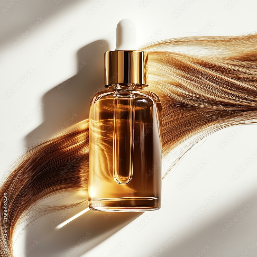 Naklejka premium Elegant hair oil dropper with flowing hair.