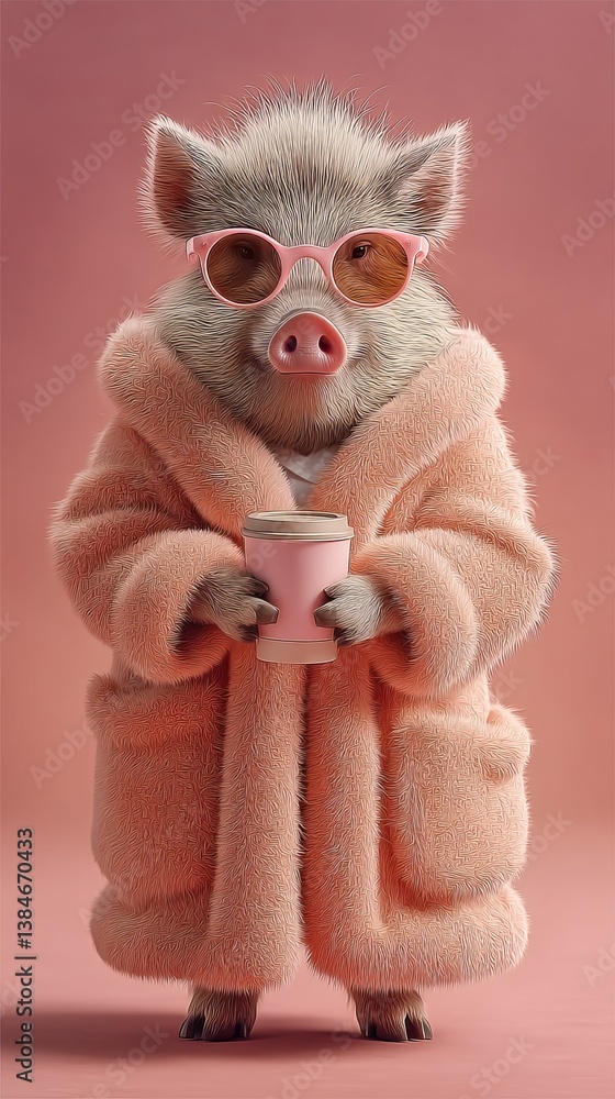 Fototapeta premium Adorable pig wearing pink robe and sunglasses holds a pink cup in a cozy setting