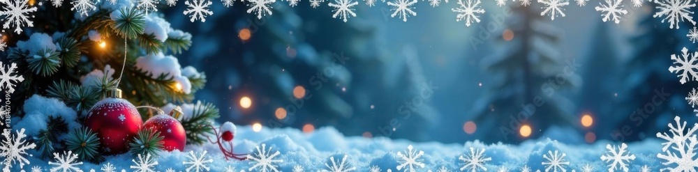 Delicate snowflake border surrounding a festive holiday scene, festive, seasonal, decorations Delicate snowflake border surrounding a festive holiday scene, festive, seasonal, decorations