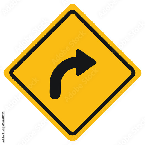 Minimalistic Flat Sharp Curve Road Sign Icon with Black Arrow on Yellow Diamond for Mobile UI

