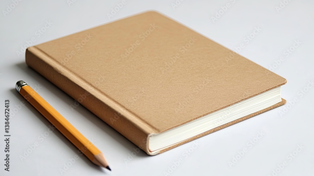 A simple notebook with a blank cover and a pencil lying beside it on a white surface pic A simple notebook with a blank cover and a pencil lying beside it on a white surface pic