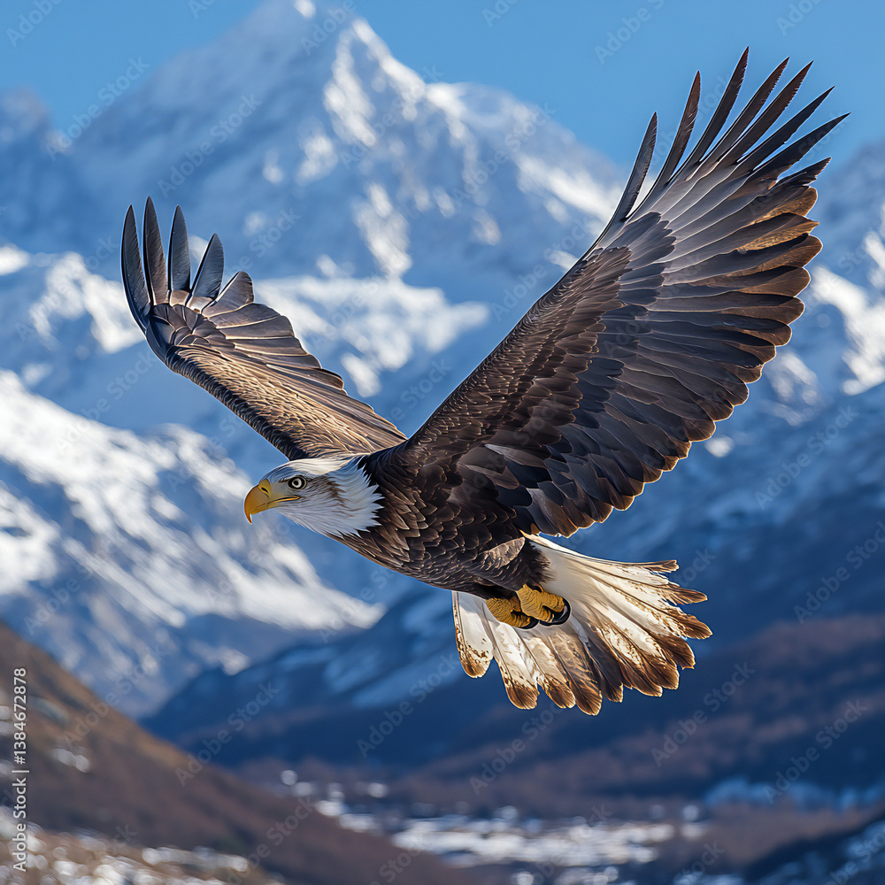 Obraz premium A majestic eagle soaring high above the mountains with a clear blue sky in the background