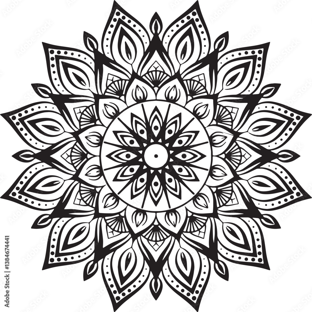 Black complex doodle mandala on a transparent background, for printable coloring Black complex doodle mandala on a transparent background, for printable coloring
