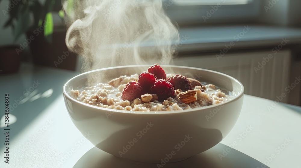 A steaming bowl of oatmeal garnished with fresh berries and nuts on a white table pic A steaming bowl of oatmeal garnished with fresh berries and nuts on a white table pic
