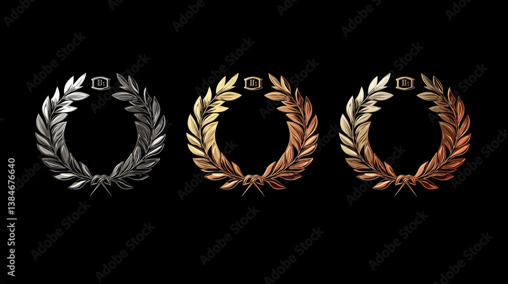 Obraz premium Golden, silver and bronze awards with laurel wreath for sports design, such logo. Vector version also available in gallery