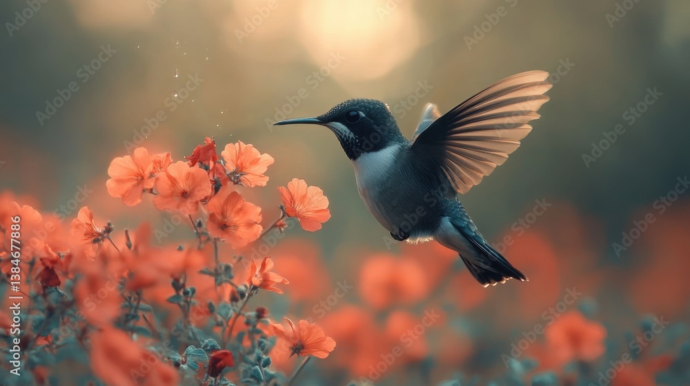 Fototapeta premium Hummingbird Hovering Near Vibrant Red Flowers. Generative AI