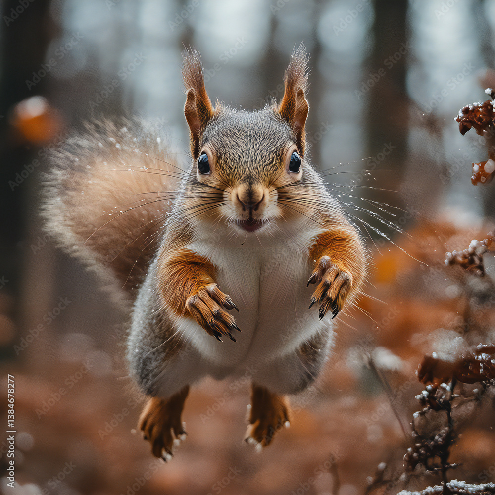 A playful squirrel jumping between tree branches in a forest A playful squirrel jumping between tree branches in a forest