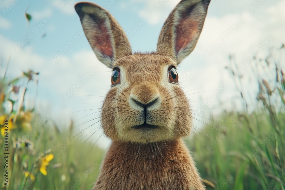 Obraz premium Wild European hare close up in a lush meadow during daylight, showcasing its expressive features and natural habitat, Wild European Hare Lepus Europaeus Close up on a country road