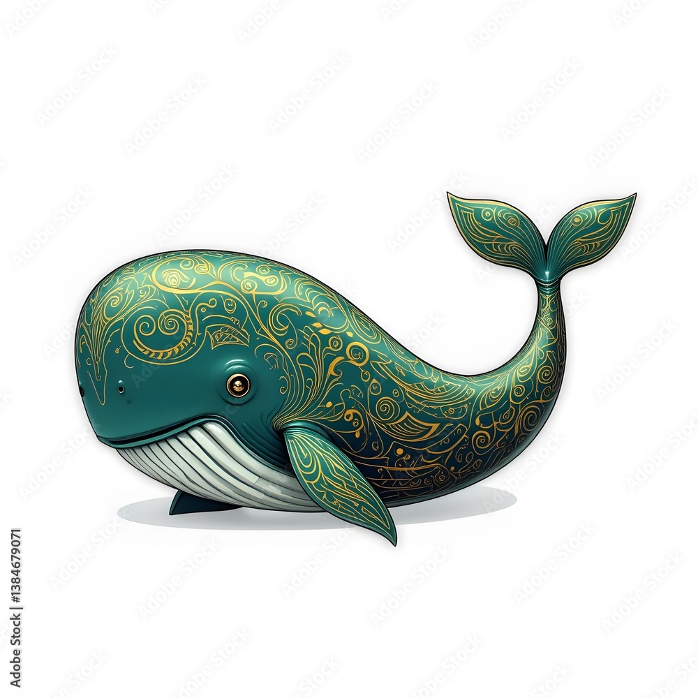 Obraz premium Ornate Green Whale with Golden Filigree Design: A Whimsical Underwater Creature