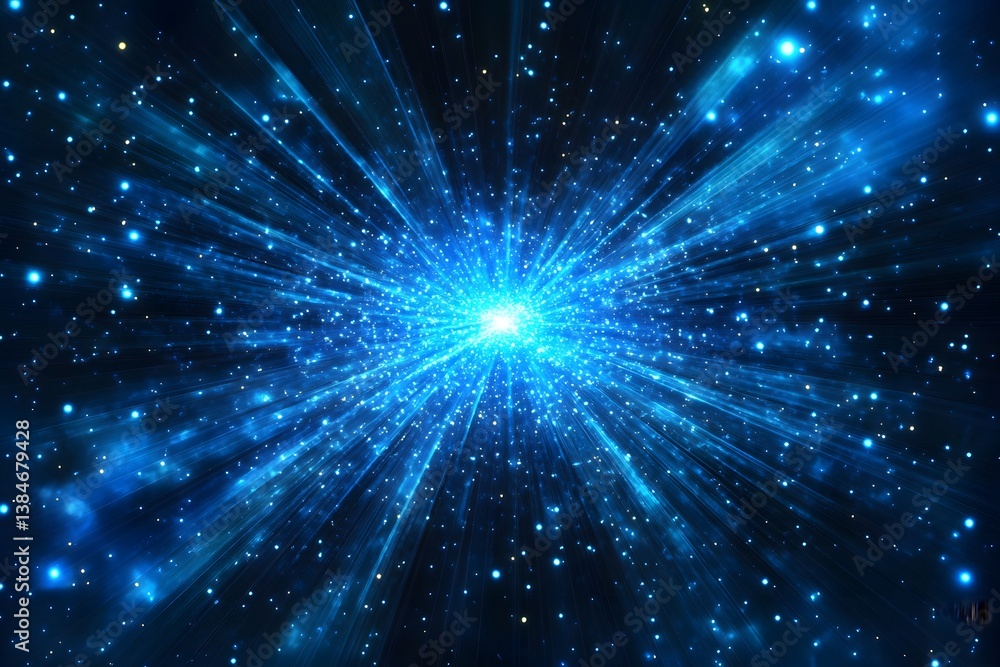 Blue light bursts outward surrounded by dark space and scattered stars. Blue light bursts outward surrounded by dark space and scattered stars.