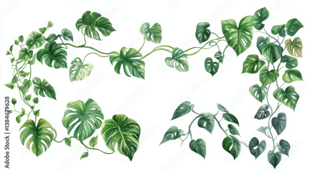 Liana vine, tropical jungle forest branches and ivy or monstera leaves, vector border frames. Tropical rainforest creeper plants or jungle liana and bindweed tree with climbing tendrils for frames Liana vine, tropical jungle forest branches and ivy or monstera leaves, vector border frames. Tropical rainforest creeper plants or jungle liana and bindweed tree with climbing tendrils for frames