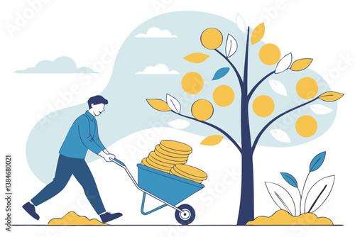 Man Carrying Coins in Wheelbarrow Towards Growing Money Tree - Financial Growth and Investment Concept