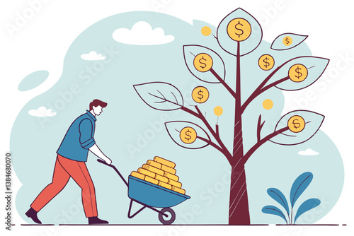 Man Carrying Coins in Wheelbarrow Towards Growing Money Tree - Financial Growth and Investment Concept