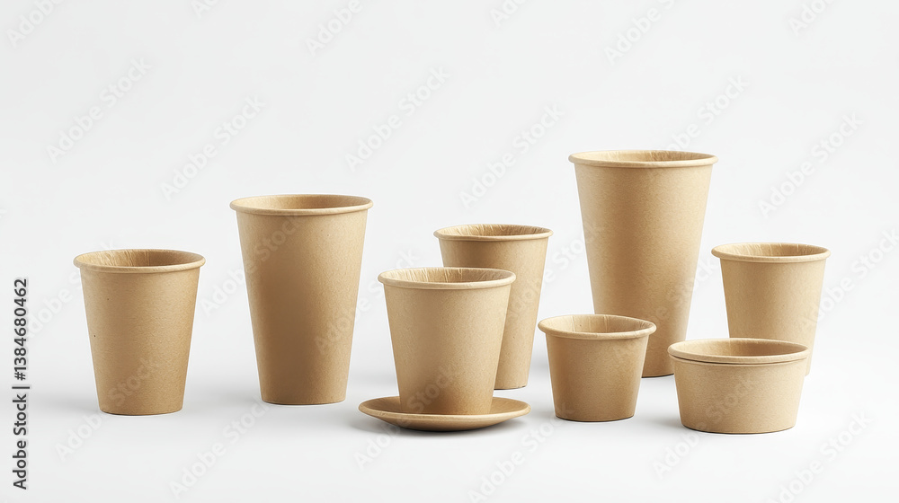 Set of to go and takeaway paper coffee cups in different sizes and coffee cups on saucers. Objects isolated on transparent background. Set of to go and takeaway paper coffee cups in different sizes and coffee cups on saucers. Objects isolated on transparent background.