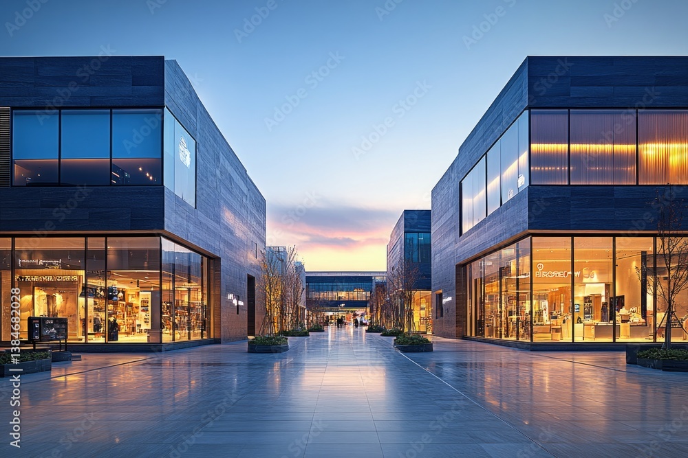 Fototapeta premium wide-angle shot of shopping mall with minimalistic design capturing sleek architecture and modern storefronts