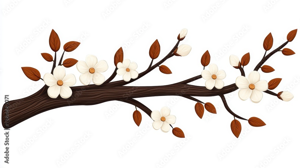 Naklejka premium Horizontal Branch with White Blossoms and Brown Leaves