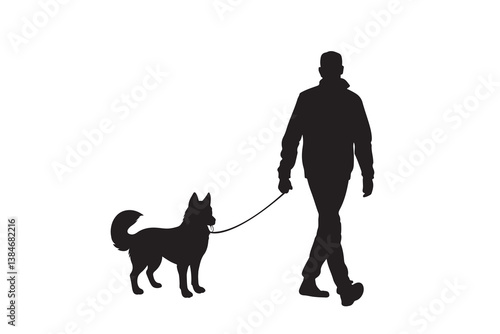 Silhouette of Man walking with dog vector illustration on white background.