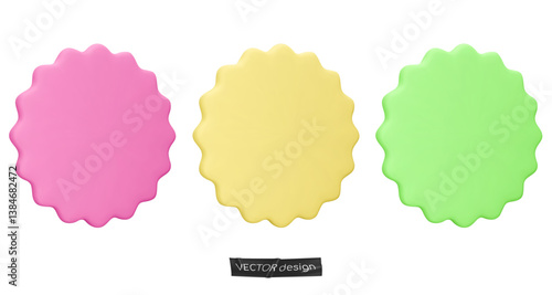 Set stickers, badges mockup. Blank labels of circle shapes with wavy edge. Vector illustration isolated on white. Copy space. Stickers or patches for preview tags, labels, design, presentation, adv