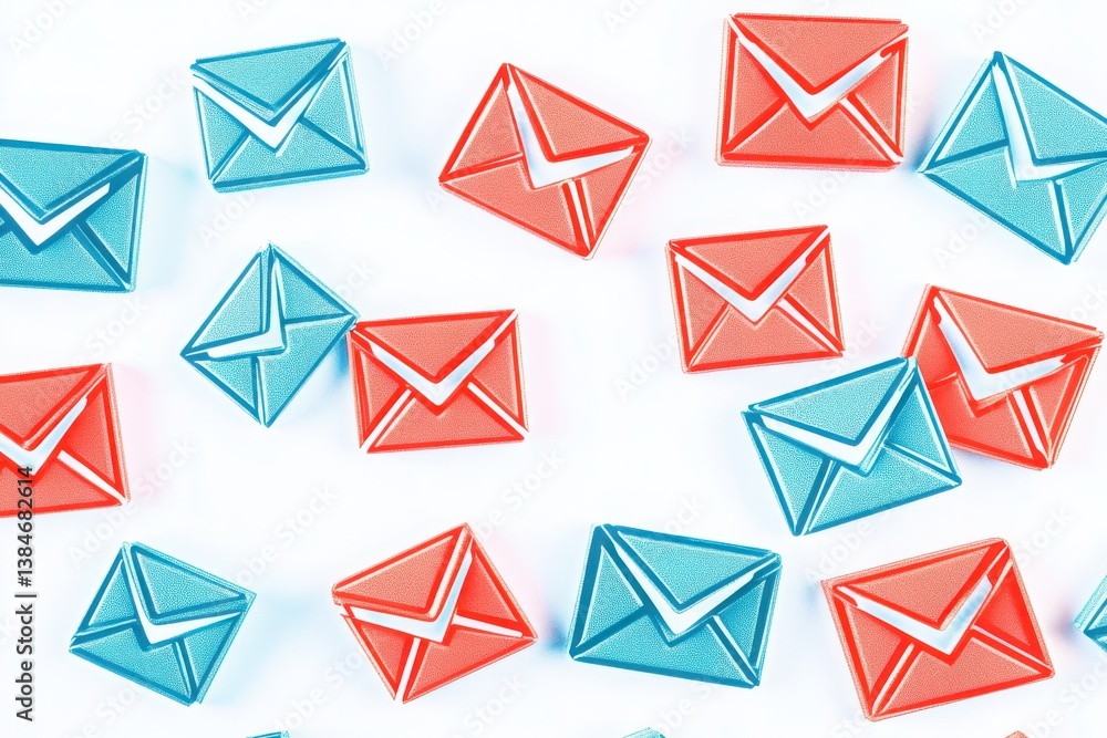 Collection of blue and red envelopes, isolated on a white surface. Collection of blue and red envelopes, isolated on a white surface.