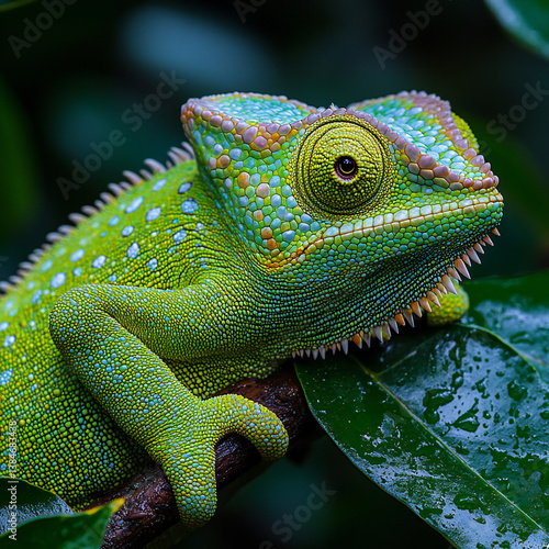 A vibrant green chameleon blending into its surroundings on a tree branch
