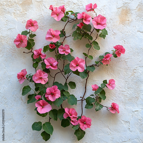 A vibrant pink bougainvillea climbing along a white stucco wall