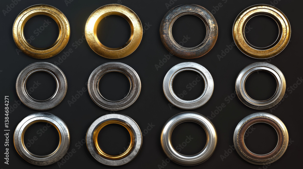 Golden, silver, bronze, copper and rusty metal avatar frames, vector game assets. Rusty metal circle frames and gold rings, GUI or game UI elements and arcade game circle box borders or menu buttons Golden, silver, bronze, copper and rusty metal avatar frames, vector game assets. Rusty metal circle frames and gold rings, GUI or game UI elements and arcade game circle box borders or menu buttons