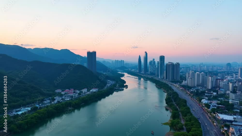 Aerial view of a serene river winding through a modern city at dusk, with mountains in the backdrop Aerial view of a serene river winding through a modern city at dusk, with mountains in the backdrop