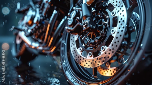 Part of the motorcycle braking system. Grey metal brake disc on motorbike, close up.