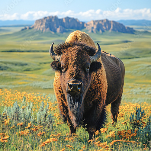 A wild bison standing proudly in a wide-open prairie, with mountains in the distance