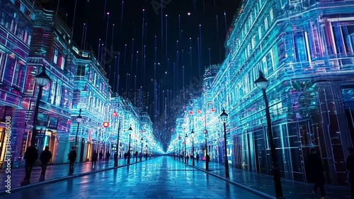 Neon city street illuminated with glowing lights and futuristic architectural design