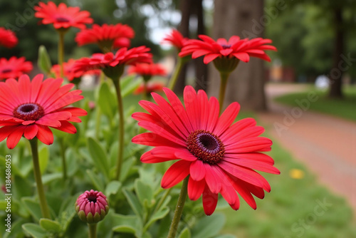 red flowers in the grass on a sunny day